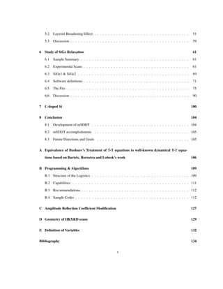 5.2 Layered Broadening Effect . . . . . . . . . . . . . . . . . . . . . . . . . . . . . . . . . . . 51
5.3 Discussion . . . . . . . . . . . . . . . . . . . . . . . . . . . . . . . . . . . . . . . . . . . . 59
6 Study of SiGe Relaxation 61
6.1 Sample Summary . . . . . . . . . . . . . . . . . . . . . . . . . . . . . . . . . . . . . . . . 61
6.2 Experimental Scans . . . . . . . . . . . . . . . . . . . . . . . . . . . . . . . . . . . . . . . 61
6.3 SiGe1 & SiGe2 . . . . . . . . . . . . . . . . . . . . . . . . . . . . . . . . . . . . . . . . . 69
6.4 Software deﬁnitions . . . . . . . . . . . . . . . . . . . . . . . . . . . . . . . . . . . . . . . 71
6.5 The Fits . . . . . . . . . . . . . . . . . . . . . . . . . . . . . . . . . . . . . . . . . . . . . 75
6.6 Discussion . . . . . . . . . . . . . . . . . . . . . . . . . . . . . . . . . . . . . . . . . . . . 90
7 C-doped Si 100
8 Conclusion 104
8.1 Development of mSDDT . . . . . . . . . . . . . . . . . . . . . . . . . . . . . . . . . . . . 104
8.2 mSDDT accomplishments . . . . . . . . . . . . . . . . . . . . . . . . . . . . . . . . . . . 105
8.3 Future Directions and Goals . . . . . . . . . . . . . . . . . . . . . . . . . . . . . . . . . . 105
A Equivalence of Bushuev’s Treatment of T-T equations to well-known dynamical T-T equa-
tions based on Bartels, Hornstra and Lobeek’s work 106
B Programming & Algorithms 109
B.1 Structure of the Logistics . . . . . . . . . . . . . . . . . . . . . . . . . . . . . . . . . . . . 109
B.2 Capabilities . . . . . . . . . . . . . . . . . . . . . . . . . . . . . . . . . . . . . . . . . . . 111
B.3 Recommendations . . . . . . . . . . . . . . . . . . . . . . . . . . . . . . . . . . . . . . . . 112
B.4 Sample Codes . . . . . . . . . . . . . . . . . . . . . . . . . . . . . . . . . . . . . . . . . . 112
C Amplitude Reﬂection Coefﬁcient Modiﬁcation 127
D Geometry of HRXRD scans 129
E Deﬁnition of Variables 132
Bibliography 134
v
 