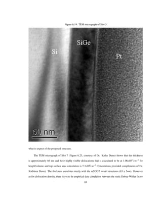 Figure 6.19: TEM micrograph of Slot 5
what to expect of the proposed structure.
The TEM micrograph of Slot 7 (Figure 6.23, courtesy of Dr. Kathy Dunn) shows that the thickness
is approximately 66 nm and have highly visible dislocations that is calculated to be at 1.06x1013
cm 2
for
length/volume and top surface area calculation is 7.3x109
cm 2
(Calculations provided compliments of Dr.
Kathleen Dunn). The thickness correlates nicely with the mSDDT model structures (65 5nm). However
as for dislocation density, there is yet to be empirical data correlation between the static Debye-Waller factor
83
 