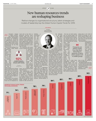 Disruptive changes
in digital technolo-
gies, business models
and workforce demographics
are rocking the foundations
of organisations around the
world. To survive and thrive in
the new digital world of work,
companies now need to change
fundamentally the way they
are structured.
Those are the findings of our
new Deloitte Global Human
Capital Trends
2016 study.
Unveiled this
month, it is
one of the larg-
est-ever stud-
ies of talent
c h a l l e n g e s
in business.
More than
7,000 com-
panies from
more than 100
countries took
the time to
answer survey
and the findings were striking.
While nearly every talent chal-
lenge from last year became
more acute, the number-one
topic on people’s minds is how
do I organise my company ef-
fectively to meet the digital de-
mands of today?
Responding to the technolo-
gy and business disruptions,
92 per cent of companies sur-
veyed told us that their or-
ganisation structure wasn’t
working. Today only 34 per
cent of respondents from large
organisations are organised by
function – sales, marketing, fi-
nance, engineering – and more
than half have multiple forms
of product, geographic or mar-
ket-facing structures, accord-
ing to the study.
Our conclusion, after nearly
a year of research and dozens
of interviews,
is that compa-
nies are shift-
ing rapidly
from top-down
hierarchies to
networks of
teams where
people work
in smaller
groups, ded-
icated to a
local mission,
bound through
culture, lead-
ership, shared
values, and transparent goals
and information.
This organisational shift,
which we see happening in
every industry from retail
to healthcare to technology,
is forcing human resources
and business leaders to re-
think how we lead and reward
people, redesign the careers
models we offer, and focus on
building a
meaningful
and cohe-
sive cul-
ture that
d r i v e s
c o m m u -
nication,
alignment
and en-
gagement.
Last month
I met with repre-
sentatives from two of
the fastest growing companies
in the world, one a six-year-old
multi-billion-dollar unicorn
and the other a 20-year-old
well-established consumer
technology company. Both told
me that their number-one
chief executive-driven issue is
culture – how can they build
an exciting, collaborative and
unique culture that helps us
tie together the rapidly grow-
ing teams we are empowering
around the world?
This issue of organisation
design is not a new topic. Com-
panies have been building org
charts, and doing spans and
layers analysis for years. But
traditional thinking no longer
applies: our research shows
that people do not have the pa-
tience to traverse the pyramid
anymore; decision-making in
the hierarchy
is too slow;
and digital
tools let us
communi-
cate in real
time from
team to
team. We as
people thrive
in small-group
environments,
as long as the com-
pany promotes inclusion,
shared values and holds us ac-
countable for our goals.
The number-two issue this
year is building a new pipeline
of leaders, which 57 per cent
of companies rated as urgent.
It’s clear that a new model of
leadership is needed, one that
rewards leaders who create
followers, people who operate
across many teams effectively,
and leaders who know how to
drive innovation, dynamical-
ly move people where needed
and inspire others to rally
around a common mission.
These leaders are often stifled
in the old hierarchy, held back
by senior people who hold
their status because of their
job title or position.
The way we build leaders,
how we develop people, and
how we measure and drive cul-
ture is going to have to change.
Our research shows that all
these softer people issues have
now become hard and, among
these 7,000
c o m p a n i e s ,
an amazingly
large number
believe they
are busi-
ness-critical.
The re-
search also
shows other
exciting de-
velopment s;
people an-
alytics, the
process of
using data to make better
management decisions, is
growing rapidly. This year
more than 30 per cent of the
companies we surveyed are
building predictive models
of behaviour and the matu-
rity of organisations doing
people analytics almost dou-
bled. Radical changes are also
taking place in the world of
always-on learning, as com-
panies embrace MOOCs (mas-
sive open online courses) and
other forms of video-learning
like never before.
The world of human resource
management is
going through
rapid change.
D i s c i p l i n e s
including de-
s i g n - t h i n k -
ing, real-time
feedback and
e n g a g e m e n t
systems, and
the new world
of behavioural
economics are
transforming
our organisa-
tions so they can flourish in
this new digital age.
The digital world of work clear-
ly is here. Watch for these trends
–theyhavethepotentialtoshake
the foundation of your
company in exciting
and positive ways.
New human resources trends
are reshaping business
Radical changes to organisational structure, talent strategies and
models of leadership top the Global Human Capital Trends for 2016
OPINION COLUMN
JOSH BERSIN
Principal
Bersin by Deloitte
Deloitte Consulting
RACONTEUR raconteur.net 11TALENT MANAGEMENT10 / 03 / 2016
92%of global companies
said their organisational
structure wasn’t working
Source:
Deloitte 2016
IMPORTANT HUMAN CAPITAL TRENDS
FOR GLOBAL BUSINESSES
Source: Deloitte 2016
Organisational
Leadership
Culture
Engagement
Learning
Design-thinking
SkillsofHR
organisation
Peopleanalytics
DigitalHR
Workforce
management
Companies are
shifting rapidly
from top-down
hierarchies to
networks of teams
where people work
in smaller groups
 