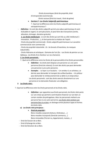 -Droits économiques (droit de propriété, droit
d’entreprendre [commerce]).
-Droits sociaux (Droit du travail, -Droit de grève)
 Section 2 : Les Droits Subjectifs patrimoniaux
? : Quel est la différence entre les Droits subjectifs patrimoniaux et
extrapatrimoniaux ?
- Définition : Ce sont des droits subjectifs qu’ont une valeur patrimoniaux ils sont
évaluable en argent, ils sont pécuniaire, et peut faire des transactions (vente,
allocation, échanger, donation gratuite).
1. Les Droits intellectuels : ce sont des droits qui sont liés au côté intellectuel (-
Innovation, -Production,…), ils font partie de la création de l’esprit.
- Droits de propriété commerciale : Droits subjectifs patrimoniaux à un caractère
commercial (le nom commercial).
- Droits de propriété industrielle : Ex : les brevets d’inventions, les marques
industrielles.
- Droits littéraires et artistiques : Domaine de l’art (Ex : -Les Droits de peintre sur ces
tableaux, -Les Droits d’un chanteur sur ces chansons).
2. Les Droits personnels :
? : Quel est la différence entre les Droits de la personnalité et les Droits personnelles
 Définition : les droits dont dispose une personne sur une autre
personne (Droit de créance), Ce sont des droits que peut demander
une personne à une autre personne.
 Exemples : - Le loyer à un locataire. – Un vendeur à un acheteur, ce
dernier peut demander le transport de sa Marchandise. – Un prêteur
peut demander le remboursement de sa dette à un emprunteur.
Les droits personnels : sont des droits exercés directement sur une
personne en lui demande d’exécuter une obligation.
3. Les Droits réels :
? : Quel est la différence entre les Droits personnels et les Droits réels.
 Définition : par opposition aux Droits personnels, les Droits réels porte
sur une chose qui permet à sont titulaire d’exercer sur son bien un
certain nombre de prérogatives. Alors les personnels mettent une
personne face à une autre personne, Les Droits réels mettent une
personne face à un bien, en distingue entre plusieurs types et formes
de droits réels.
a) Les Droits réels principaux :
 Droit de propriété :
Biens meubles corporels (Voiture, Ordinateur, …)
Biens meubles incorporels (fond de commerce,…)
Biens immeubles (Terrain nu, Appartement, maison,…)
- Droit de Cession de ce Bien.
- Droit d’échange de ce Bien.
- Droit de Donation de ce Bien.
 