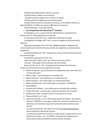 - Chambre civile (Spécialisation dans les cas civils)
- Chambre foncier (relation avec le foncier)
- Chambre sociale (un litige entre un chef et un salarié)
- Chambre pénale (un litige ayant un caractère pénal).
- Chambre Commerciale (un caractère commercial, sur les affaires inférieur ou
égal à 20 000 DH, si l’affaire est supérieur  tribunal commercial
- Chambre familiale : à caractère familial.
 Les composantes de tribunal de 1ère
instance :
- Un Président (‫)الرئيس‬ : il joue le rôle de l’administration, l’ajustement des
dossiers (C’est le responsable de tout le tribunal).
- Le Procureur du Roi (‫الملك‬ ‫وكيل‬) : il défend les intérêts de la société.
- Les Magistrats de Sièges (‫ُكم‬‫ح‬‫ال‬ ‫)قضاة‬ : ce sont les magistrats qui prononcent le
jugement.
- Magistrats de parquet (‫العامة‬ ‫النيابة‬ ‫)قضاة‬ : (Magistrats debout, Magistrats de
ministre public) leurs chef et le Procureur de Roi, ces magistrats ne prononcent pas
le jugement.
- Secrétariat greffe (‫الضبط‬ ‫)كتابة‬ : composé d’un certain nombre de fonctionnaires
qui assiste les juges.
- Secrétariat du parquet (‫العامة‬ ‫النيابة‬ ‫)كتابة‬
- Juge d’instruction (‫التحقيق‬ ‫)قاضي‬ : leur chef et le procureur de Roi.
- La Caisse : il faut payer les frais judiciaires de votre dossier.
- Bureau d’ordre ( ‫مكتب‬‫الضبط‬ ) : l’enregistrement de dossier dans le bureau
d’ordre en contre partie d’un reçu auprès de ce bureau.
 Affaires d’urgences : Ex : Construction d’un appartement par votre voisin et il
a fermé votre porte.
 Affaires civiles : tout conflit ayant un caractère civil.
 Affaires foncières : tout conflit ayant un caractère foncier
 Affaires locations : tout conflit ayant un caractère de location.
 Affaires commerciales : tout conflit ayant un caractère < à 20 000 DH.
 Pénale (Délits).
 Accidents de Circulation : tout conflit ayant un caractère des accidents.
 Conflits de Travail : un salarié qui ne reçoit pas de salaire de son patron.
 Accidents de Travail : Accident commis à l’occasion d’un Travail.
 Tribunal familial (‫األسرة‬ ‫.)قضاء‬
 Justice de proximité : (‫القرب‬ ‫)قضاء‬ la justice est près de citoyen : des dossiers
inférieur à 5 000 DH, un seul juge, un délai bref ; prononcer verbalement ; 4
domaines sont exclus dans la justice de proximité, (pénal, familial, social,
foncier).
La justice de proximité : elle s’agit d’un service qu’a été créé récemment
dans le cadre de la réforme de la justice.
La justice de proximité est assuré par un juge unique, ce juge tranche sur les
dossiers d’une valeur < ou = à 5 000 DH, le domaine de compétence de
cette justice est liée aux matières suivantes (Civiles, Locations,
 