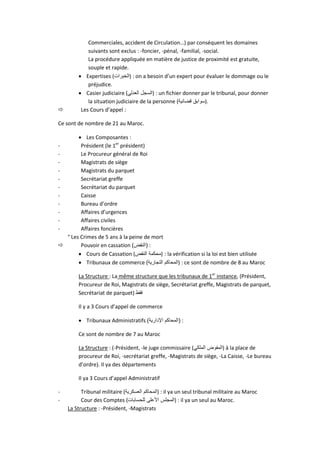 Commerciales, accident de Circulation…) par conséquent les domaines
suivants sont exclus : -foncier, -pénal, -familial, -social.
La procédure appliquée en matière de justice de proximité est gratuite,
souple et rapide.
 Expertises (‫)الخبرات‬ : on a besoin d’un expert pour évaluer le dommage ou le
préjudice.
 Casier judiciaire (‫العدلي‬ ‫)السجل‬ : un fichier donner par le tribunal, pour donner
la situation judiciaire de la personne (‫قضائية‬ ‫.)سوابق‬
 Les Cours d’appel :
Ce sont de nombre de 21 au Maroc.
 Les Composantes :
- Président (le 1er
président)
- Le Procureur général de Roi
- Magistrats de siège
- Magistrats du parquet
- Secrétariat greffe
- Secrétariat du parquet
- Caisse
- Bureau d’ordre
- Affaires d’urgences
- Affaires civiles
- Affaires foncières
° Les Crimes de 5 ans à la peine de mort
 Pouvoir en cassation (‫النقض‬) :
 Cours de Cassation (‫النقض‬ ‫)محكمة‬ : la vérification si la loi est bien utilisée
 Tribunaux de commerce (‫التجارية‬ ‫)المحاكم‬ : ce sont de nombre de 8 au Maroc
La Structure : La même structure que les tribunaux de 1er
instance, (Président,
Procureur de Roi, Magistrats de siège, Secrétariat greffe, Magistrats de parquet,
Secrétariat de parquet) ‫فقط‬
Il y a 3 Cours d’appel de commerce
 Tribunaux Administratifs (‫اإلدارية‬ ‫المحاكم‬) :
Ce sont de nombre de 7 au Maroc
La Structure : (-Président, -le juge commissaire (‫الملكي‬ ‫)المفوض‬ à la place de
procureur de Roi, -secrétariat greffe, -Magistrats de siège, -La Caisse, -Le bureau
d’ordre). Il ya des départements
Il ya 3 Cours d’appel Administratif
- Tribunal militaire (‫العسكرية‬ ‫)المحاكم‬ : il ya un seul tribunal militaire au Maroc
- Cour des Comptes (‫للحسابات‬ ‫األعلى‬ ‫)المجلس‬ : il ya un seul au Maroc.
La Structure : -Président, -Magistrats
 