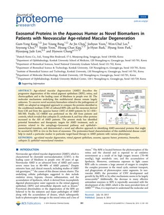 Exosomal Proteins in the Aqueous Humor as Novel Biomarkers in
Patients with Neovascular Age-related Macular Degeneration
Gum-Yong Kang,†,○
Joo Young Bang,†,○
Ae Jin Choi,‡
Jeehyun Yoon,‡
Won-Chul Lee,§
Soyoung Choi,∥,⊥
Soojin Yoon,#
Hyung Chan Kim,‡,▽
Je-Hyun Baek,†
Hyung Soon Park,†
Hyunjung Jade Lim,∥,⊥
and Hyewon Chung*,‡,⊥,▽
†
Diatech Korea Co., Ltd., Young-Shin Boulevard, 57-5, Munjeong-dong, Songpa-gu, Seoul 138-826, Korea
‡
Department of Ophthalmology, Konkuk University School of Medicine, 120 Neungdong-ro, Gwangjin-gu, Seoul 143-701, Korea
§
Department of Biomedical Sciences, Seoul National University Graduate School, Seoul 151-742, Korea
∥
Department of Biomedical Science & Technology, Konkuk University, 120 Neungdong-ro, Gwangjin-gu, Seoul 143-701, Korea
⊥
Institute of Biomedical Science and Technology, Konkuk University, 120 Neungdong-ro, Gwangjin-gu, Seoul 143-701, Korea
#
Department of Molecular Biotechnology, Konkuk University, 120 Neungdong-ro, Gwangjin-gu, Seoul 143-701, Korea
▽
Department of Ophthalmology, Konkuk University Medical Center, 120-1 Neungdong-ro, Gwangjin-gu, Seoul 143-729, Korea
*S Supporting Information
ABSTRACT: Age-related macular degeneration (AMD) describes the
progressive degeneration of the retinal pigment epithelium (RPE), retina, and
choriocapillaris and is the leading cause of blindness in people over 50. The
molecular mechanisms underlying this multifactorial disease remain largely
unknown. To uncover novel secretory biomarkers related to the pathogenesis of
AMD, we adopted an integrated approach to compare the proteins identiﬁed in
the conditioned medium (CM) of cultured RPE cells and the exosomes derived
from CM and from the aqueous humor (AH) of AMD patients by LC−ESI−
MS/MS. Finally, LC−MRM was performed on the AH from patients and
controls, which revealed that cathepsin D, cytokeratin 8, and four other proteins
increased in the AH of AMD patients. The present study has identiﬁed
potential biomarkers and therapeutic targets for AMD treatment, such as
proteins related to the autophagy−lysosomal pathway and epithelial−
mesenchymal transition, and demonstrated a novel and eﬀective approach to identifying AMD-associated proteins that might
be secreted by RPE in vivo in the form of exosomes. The proteomics-based characterization of this multifactorial disease could
help to match a particular marker to particular target-based therapy in AMD patients with various phenotypes.
KEYWORDS: age-related macular degeneration, retinal pigment epithelium, exosome, aqueous humor, proteomics, biomarker,
cathepsin D, epithelial−mesenchymal transition
■ INTRODUCTION
Neovascular age-related macular degeneration (AMD), which is
characterized by choroidal neovascularization (CNV), is the
leading cause of blindness in people over 50 years of age.
Neovascular AMD is an advanced form of AMD and causes
severe vision loss in 80−90% of AMD patients.1
Despite
extensive basic and clinical research, including studies of AMD
risk genotypes,2−5
the causes of this disease remain elusive. The
underlying cellular pathologies suggested to date include
oxidative stress, hypoxia, chronic inﬂammation, and the
accumulation of lipofuscin, which is derived from incompletely
digested photoreceptor outer segments in the retinal pigment
epithelium (RPE) and extracellular deposits such as drusen.6
Functional abnormalities or the degeneration of the RPE are
believed to be the initiators and major pathologies of AMD
along with the accumulation of drusen, which subsequently
leads to photoreceptor damage in the neural retina and a loss of
vision.7
The RPE is located between the photoreceptors of the
retina and the choroid and is exposed to an oxidative
environment as a result of its high oxygen tension (70−90
mmHg), high metabolic rate, and the accumulation of
lipofuscin. Moreover, continuous exposure to light causes
RPE cells to consume a large amount of oxygen to complete
the complex processes in the visual cycle, nutrient transport,
and phagocytosis of photoreceptor outer segments. In neo-
vascular AMD, the prevention of CNV development and
growth by the RPE or by other mechanisms seems to be largely
unsuccessful.8
Additionally, the decrease in many eﬀective
antioxidant enzymes in RPE is reportedly associated with the
development of dry AMD, which is the more prevalent form of
AMD.9,10
Thus, it is important to understand the molecular and
Received: July 19, 2013
Published: January 8, 2014
Article
pubs.acs.org/jpr
© 2014 American Chemical Society 581 dx.doi.org/10.1021/pr400751k | J. Proteome Res. 2014, 13, 581−595
 