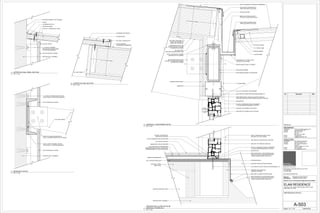 SIP PANEL FASTENED TO
STEEL TAB WELDED TO
BEAM WITH THRU BOLT
CONTINUOUS STEEL TAB
BEYOND WELDED TO BEAM
TO SUPPORT SIP PANEL
(2) 2-1/2" 16 GA STEEL STUD HEADER
WHITE SOPREMA WATERPROOF MEMBRANE
SKYLINE 1700 TERRACE DOOR HEAD
6-1/2" R-30 SIP PANEL
3/4" MDF PANEL
(NOTCHED AROUND STEEL TAB)
PL4.5X4.5X3/8 STEEL PLATE
WELDED TO HSS8X3X3/8 GIRDER
AND BOLTED TO BEAM
FINISHED WOOD FASCIA
STEEL TAB WELDED TO BEAM
AND BOLTED TO CHANNEL
HOMOSOTE
BASF SONOLASTIC 150 CAULK (COLOR TO MATCH
EXISTING EXTERIOR FINISH PENDING BOARD APPROVAL)
CONTINUOUS 1/4" STEEL PLATE
WELDED TO EAVE BEAM
HSS 8X3X3/8 GIRDER
1" AZECK PANEL
1" X 1" STEEL TUBE
3/4" CDX PLYWOOD
BENT COIL STOCK GUTTER
PITCHED TO NORTHWEST END
COIL STOCK FLASHING WITH
DRIP EDGE (MIN 0.05 GAUGE)
COIL STOCK FLASHING WITH
DRIP EDGE (MIN 0.05 GAUGE)
HILTI KWIK-FLEX SELF-DRILLING SCREWS @16" O.C.
BACKER ROD
WOOD BLOCKING
PLASTIC HORSESHOE SHIM AS REQUIRED
TO LEVEL/SQUARE NANAWALL SYSTEM
WOOD BLOCKING
EAVE BEAM WELDED TO HSS 8X3X3/8
HSS 5X5X1/2 COLUMN IN WALL BEYOND
WOOD NAILER GLUED TO GIRDER
1/2" AZEK PANEL
EXISTING PAVER SYSTEM (NO WORK)
BASF SONOLASTIC 150 EXTERIOR CAULK
(COLOR TO MATCH EXISTING EXTERIOR
FINISH PENDING BOARD APPROVAL)
CEMENT BACKERBOARD
LATICRETE 9235 WATERPROOFING
MEMBRANE APPLIED IN (2) LAYERS WITH
REINFORCEMENT FLEECE IN BETWEEN
3/8" THICK FLOOR TILE
FLEXIBLE WATERPROOF
ACOUSTICAL SEALANT
QT SCU PERIMETER ISOLATION STRIP
UNMODIFIED THIN SET MORTER
BACKER ROD
WOOD BLOCKING
EXISTING CMU KNEE WALL
MODIFIED IN HEIGHT
NEW PAN FLASHING WITH DRIP EDGE
HILTI KWIK-FLEX SELF-DRILLING SCREWS @16" O.C.
PLASTIC HORSESHOE SHIM AS REQUIRED
TO LEVEL/SQUARE NANAWALL SYSTEM
5/8" PLYWOOD SUBFLOOR
EXISTING 2" RIGID
INSULATION
SKYLINE 1700 TERRACE DOOR SILL
EXISTING ROOF ASSEMBLY
EXISTING SLEEPER JOISTS
BASF SONOLASTIC 150 EXTERIOR CAULK
(COLOR TO MATCH EXISTING EXTERIOR
FINISH PENDING BOARD APPROVAL)
HSS 5X5X1/2 COLUMN IN WALL BEYOND
NEW FLASHING END DAM AT WALL
BEYOND (TYP. BOTH SIDES)
EXISTING WALL ASSEMBLY
C8X13.7 STEEL CHANNEL BOLTED
WITH EPOXY TO EXISTING MASONRY
3/8" STEEL BEAM
1-1/2" METAL FRAMING BOLTED WITH
EXPOXY BACK TO EXISTING MASONRY
5/8" GYPSUM WALL BOARD
5/8" GYPSUM WALL BOARD
STEEL PL4.5X4.5X3/8 WELDED TO
C8X13.7 CHANNEL AND BOLTED TO BEAM
ALUMINUM END CAP
POLYGAL 'THERMALGAL' PANEL
CAULK
1-1/2" METAL FRAMING
BOLTED WITH EXPOXY BACK
TO EXISTING MASONRY
5/8" GYPSUM WALL BOARD
PLASTIC J-BEAD
WOOD BLOCKING
EXISTING PARAPET CAP FLASHING
EXISTING WALL ASSEMBLY
3/4" MDF PANEL
ALUMINUM CAP PROFILE
GLAZING EPDM
POLYGAL FLASHING CAP
WHITE SOPREMA
WATERPROOF MEMBRANE
6-1/2" R-30 SIP PANEL
Scale:
Consultant
Contact
Address
Phone
e-mail
ARCHITCTS PLLC
648 Broadway / Suite 402, New York, NY 10012
T.212.254.5210
F.212.254.4523
www.wilkinsonarchitects.com
New York: Registered Architect 027917-1
Pennsylvania: Registered Architect 402561
National Council of Architectural Registration Board #52853
DOB Barcode
ATOZ Consulting Engineers, PC
Ilya Malyuchenko, P.E.
363 7th Avenue
3rd Floor
New York, NY 10001
212.929.2491
Ilya@atozengineers.com
Consultant
Contact
Address
Phone
e-mail
NYC Building Restoration
Robert M. Hanna, P.E.
9011 Northern Boulevard
Suite 307
Jackson Heights, NY 11372
646-522-0589
rhanna@engineer.com
MECHANICAL
STRUCTURAL
6" = 1'-0"
A-503
GREENHOUSE DETAILS
ELAM RESIDENCE
300 EAST 74TH STREET PENTHOUSE-F/36TH FLOOR
NEW YORK, NY 10021
04/03/2015
6" = 1'-0"
2
NANAWALL HEAD/GIRDER DETAIL
No. Description Date
6" = 1'-0"
1
GREENHOUSE FLOOR DETAIL @
NANAWALL RAISED SILL
6" = 1'-0"
3
BEAM SEAT DETAIL
6" = 1'-0"
4
UPPER POLYGAL PANEL SECTION
6" = 1'-0"
5
LOWER POLYGAL SECTION
 