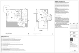 I. THE CONTRACTOR SHALL PROVIDE THE OWNER WITH THE NAMES AND PHONE NUMBERS OF ALL
SUBCONTRACTORS USED DURING THE DEMOLITION (INCLUDING TRASH REMOVAL CONTRACTOR), THE
DATES OF THE CONSTRUCTION IN THE TENANT PREMISES, AND COPIES OF ALL REQUIRED INSURANCE
CERTIFICATES, PRIOR TO THE COMMENCEMENT OF ANY WORK.
II. THE CONTRACTOR SHALL PROVIDE THE OWNER WITH A COPY OF ALL PERMITS BEFORE
COMMENCEMENT OF RELEVANT WORK AS WELL AS DISPLAYING ALL PERMITS ON SITE.
III. THE CONTRACTOR SHALL CONSTRUCT DUST TIGHT PARTITIONS PRIOR TO THE COMMENCEMENT OF
DEMOLITION AND ARE TO REMAIN IN PLACE UNTIL ALL WORK HAS BEEN COMPLETED AND WRITTEN
APPROVAL HAS BEEN RECEIVED FROM THE OWNER. THE CONTRACTOR SHALL BE RESPONSIBLE FOR
ANY AND ALL REPAIRS TO THE SURFACES MARKED OR DAMAGED BY THE PARTITION INSTALLATION
AND SUBSEQUENT REMOVAL, ALL SURFACES ARE TO BE RESTORED TO THEIR ORIGINAL CONDITION.
IV. GENERAL CONTRACTOR TO COOR. W/ OWNER FOR THE HOURS THAT THE DEMO WORK, INCLUDING
DEMOLITION REMOVAL CAN BE DONE. EXCEPTIONS WILL BE MADE ONLY WITH PRIOR APPROVAL FORM
THE LANDLORD.
V. IN THE EVENT THE CONTRACTOR FAILS TO PERFORM THE ABOVE SPECIFIED WORK DEEMED
NECESSARY BY THE OWNER, THE OWNER SHALL COMPLETE SUCH WORK AT CONTRACTOR'S /
TENANT'S EXPENSE.
VI. DUST PROTECTION SHALL BE PROVIDED TO THE SPACES ADJACENT TO WORK BEING PERFORMED.
CONTRACTOR REMAINS LIABLE FOR DUST AND DIRT INTRUSION INTO ADJOINING SPACE. ALL DUST
PROTECTION WORK TO BE COORDINATE WITH THE OWNER.
VIII. NO FLAMMABLE LIQUIDS OR MATERIALS SHALL BE STORED AT SITE JOB.
IX. AUTHORIZATION MUST BE OBTAIN FROM THE OWNER PRIOR TO COMMENCEMENT OF ANY CUTTING
WELDING WORK. LANDLORD WILL GIVE AUTHORIZATION ONLY AFTER RECEIPTOF PROOF OF A
BURNER'S/ WELDER'S PERMIT.
X. THE CONTRACTOR SHALL CONSULT WITH THE OWNER PRIOR TO COMMENCEMENT OF ANY WORK
TO DETERMINE WHETHER THERE ARE ANY KNOWN HAZARDOUS SUBSTANCES IN OR NEAR THE
PREMISES. IF ANY HAZARDOUS SUBSTANCES IN OR NEAR ARE DISCOVERED DURING CONSTRUCTION
ALL WORK IS TO STOP IMMEDIATELY AND NOTIFICATION GIVEN TO THE OWNER.
XI. REMOVE DEMOLISHED MATERIALS, TOOLS AND EQUIPMENT FROM SITE UPON OF COMPLETION OF
WORK.
XII. DELIVERY OF ITEMS WILL BE ALLOWED BETWEEN THE HOURS OF 9:00 AM and 4:00 PM. ALL
DELIVERIES SHOULD CLEARLY IDENTIFY STORE NAME.
XIII. CONTRACTOR SHALL VERIFY FIELD CONDITIONS AND NOTIFY ARCHITECT OF ALL DISCREPANCIES
BEFORE PROCEEDING WITH WORK.
XIV.CEASE OPERATION AND NOTIFY THE OWNER IMMEDIATELY IF SAFETY OF STRUCTURE APPEARS TO
BE ENDANGERED. TAKE PRECAUTIONS TO PROPERLY SUPPORT STRUCTURE. DO NOT RESUME
OPERATIONS UNTIL SAFETY IS RESTORED.
XV. THE CONTRACTOR SHALL EMPLOY CLEAN UP PERSONNEL TO MAINTAIN THE WORK AREA IN A
NEAT AND ORDERLY MANNER, INCLUDING ANY AREA BEYOND THE DUST TIGHT PARTITIONS WHERE
WORK IS OCCURRING, WHERE TRAFFIC HAS OCCURRED WHILE IMPLEMENTING WORK, OR WHERE DUST,
DIRT, OR DEBRIS HAS MIGRATED THE PARTITION. THESE PERSONNEL SHOULD BE RESPONSIVE TO
DIRECTION GIVEN BY THE CONTRACTOR AND BY THE LANDLORD THE LANDLORD WILL BE COORDINATE
ALL CLEAN UP REQUEST THROUGH THE CONTRACTOR. HOWEVER, WHEN DEEMED NECESSARY, THE
OWNER WILL DIRECT CLEAN UP PERSONNEL DIRECTLY AND SUBSEQUENTLY NOTIFY THE
CONTRACTOR. IN CASES WHERE THE BUILDING'S STAFF MUST CLEAN UP CONTRACTOR'S WORK, THE
COST OF SUCH WORK WILL BE BORNE BY THE CONTRACTOR.
XVI.ARRANGE PAY FOR DISCONNECTION, REMOVING AND CAPPING UTILITY SERVICES WITHIN AREAS
OF DEMOLITION. DISCONNECT AND STUB OFF. NOTIFY THE AFFECTED UTILITY COMPANY AND BUILDING
MANAGER IN ADVANCED AND OBTAIN APPROVAL BEFORE STARTING THIS WORK.
XVII. PLACE MARKERS TO INDICATE LOCATION OF DISCONNECTED SERVICES. IDENTIFY SERVICE
LINES AND CAPPING LOCATIONS ON PROJECT RECORD DOCUMENTS.
XVIII. PERFORM DEMOLITION IN ACCORDANCE WITH APPLICABLE AUTHORITIES HAVING
JURISDICTION.
XIX.REPAIR ALL DEMOLITION PERFORMED IN EXCESS OF THAT REQUIRED, AT NO COST TO THE OWNER.
XX. G.C. TO NOTIFY ASBESTOS INVESTIGATOR OF ANY SUSPICIOUS MATERIAL UNCOVERED DURING
DEMOLITION NOT NORMALLY ACCESSIBLE.
XXI.ALL EXHAUST GRILLES SHALL BE CLOSED AND COVERED TO PREVENT THE SPREAD OF DUST INTO
THE SYSTEM UNTIL CONSTRUCTION IS COMPLETE.
XXIV. ANY DISRUPTION OF THE ELECTRICAL, PLUMBING AND MECHANICAL TO THE BUILDING SHALL
BE COORDINATED WITH THE BUILDING SUPER AND MANAGEMENT WITH THE LENGTH OF TIME
DISRUPTION INDICATED.
GENERAL REMOVAL NOTES
-
REMOVAL KEYNOTES
No. Description
-
Scale:
Consultant
Contact
Address
Phone
e-mail
ARCHITCTS PLLC
648 Broadway / Suite 402, New York, NY 10012
T.212.254.5210
F.212.254.4523
www.wilkinsonarchitects.com
New York: Registered Architect 027917-1
Pennsylvania: Registered Architect 402561
National Council of Architectural Registration Board #52853
DOB Barcode
ATOZ Consulting Engineers, PC
Ilya Malyuchenko, P.E.
363 7th Avenue
3rd Floor
New York, NY 10001
212.929.2491
Ilya@atozengineers.com
Consultant
Contact
Address
Phone
e-mail
NYC Building Restoration
Robert M. Hanna, P.E.
9011 Northern Boulevard
Suite 307
Jackson Heights, NY 11372
646-522-0589
rhanna@engineer.com
MECHANICAL
STRUCTURAL
1/4" = 1'-0"
A-100
REMOVAL PLANS
ELAM RESIDENCE
300 EAST 74TH STREET PENTHOUSE-F/36TH FLOOR
NEW YORK, NY 10021
04/03/2015
1/4" = 1'-0"
1
Penthouse F - 36th Floor - Main Level
Removal Plan
R1
R12
R1 REMOVE EXISTING NON-STRUCTURAL PARTITION. PATCH CEILINGS, WALLS, AND FLOORS AS REQUIRED WITH MATERIALS TO MATCH EXISTING.
R2 REMOVE EXISTING WALL TILE FINISH AND BACKERBOARD IN BATHROOMS AND KITCHEN.
R3 REMOVE EXISTING DOOR AND FRAME. PATCH CEILINGS, WALLS, AND FLOORS AS REQUIRED WITH MATERIALS TO MATCH EXISTING.
R4 REMOVE EXISTING CASEWORK. PATCH CEILINGS, WALLS, AND FLOORS AS REQUIRED WITH MATERIALS TO MATCH EXISTING.
R5 REMOVE EXISTING COUNTERTOP AND BACKSPLASH.
R6 REMOVE EXISTING FLOOR FINISH DOWN TO SUB-FLOOR.
R7 REMOVE EXISTING RAISED PLATFORM. REMOVE ANY PLUMBING BELOW BACK TO RISERS. CAP AT CONNECTION WITH RISER.
R8 REMOVE EXISTING FANCOIL UNIT AND ENCLOSURE.
R9 REMOVE EXISTING PLUMBING FIXTURE AND ALL ASSOCIATED SUPPLY AND WASTE LINES BACK TO RISER. WELD CAP AT CONNECTION WITH RISER.
R10 REMOVE EXISTING KITCHEN APPLIANCE.
R11 REMOVE FINISH AROUND COLUMN TO EXPOSE STRUCTURAL CONCRETE.
R12 REMOVE EXISTING MANTEL, SURROUND, FLUE ENCLOSURE, AND HEARTH. EXISTING SOLID FUEL FIREBOX AND FLUE TO REMAIN.
R1
R4
R8
R8
R1 R1
R3
R3
R3
R7
R13
R13 REMOVE EXISTING STAIRCASE.
R1
R3 R9
R4
R4
R6
R6
R6
R6
R6
R6
R5
R5
R9
R10
R14 REMOVE EXISTING ELECTRICAL PANELS. DO NOT INTERFERE OR ALTER ELECTRICAL RISER. SEE E-100 FOR RELOCATION.
R14
R6
1/4" = 1'-0"
2
Penthouse F - Upper Level Removal Plan
R6
R1
R1
R3
R2
R2
R3
R9
R18
R15
REMOVE EXISTING WALL FINISHES ABOVE AND BELOW GREENHOUSE GLAZING DOWN TO FRAMING. MAINTAIN EXISTING EXTERIOR FINISH ON SOUTH SIDE OF
WALL. SEE CONSTRUCTION KEYNOTE 2 ON SHEET A-101.
R16 REMOVE EXISTING GREENHOUSE GLAZING AND KNEEWALL. PATCH AND REPAIR EXTERIOR WALLS AND FLOORS AS REQUIRED WITH MATERIALS TO MATCH EXISTING.
R16
R16
WALK -IN
CLOSET
MASTER
BEDROOM
MASTER
BATHROOM
GREENHOUSE
ROOF TERRACE
EXISTING FLUE AND
COVERING TO REMAIN
R6
R6
R6
R1
R4
R4
R4
R6
R3
R1
R13
R15
R8
STAIRWELL
R6
R6R9
R3
UP
BALCONY
DINING
LIVING
KITCHEN
FOYERCL
CL
CL
CORRIDOR
BEDROOM
M. BATH
POWDER
R8
R4
R4
R6
R17 SALVAGE EXISTING INTERCOM FOR RELOCATION.
R17
R17
R4
R18 DRAIN HOT TUB TO ROOF TERRACE WITH SYPHON PUMP BEFORE REMOVAL. CUT AND REMOVE TUB IN MANAGABLE SECTIONS, THEN REMOVE FRAMING.
R11
LAV WC
WC
LAV
SHOWER
PH-F
GAS RANGE
REF
SINK
DW
FP
HOT TUB
SHOWER
WC
LAV
LAV
No. Description Date
1 DOB Submission 02/06/2015
N N
NO WORK
R2
TYP
NO WORK
 
