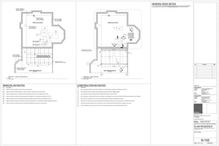 CU-1
1
A-302
1
A-504
TYP
1
A-504
TYP
3
A-504
TYP
A B
1
I. ANY ALTERATION TO ROOFING DURING REMOVAL AND CONSTRUCTION MUST BE PERFORMED BY
THE BUILDING'S ROOFING CONTRACTOR (YORK RESTORATION CORP.) TO MAINTAIN WARRANTY.
GENERAL ROOF NOTES
REMOVAL KEYNOTES
No. Description
CONSTRUCTION KEYNOTES
No. Description
Scale:
Consultant
Contact
Address
Phone
e-mail
ARCHITCTS PLLC
648 Broadway / Suite 402, New York, NY 10012
T.212.254.5210
F.212.254.4523
www.wilkinsonarchitects.com
New York: Registered Architect 027917-1
Pennsylvania: Registered Architect 402561
National Council of Architectural Registration Board #52853
DOB Barcode
ATOZ Consulting Engineers, PC
Ilya Malyuchenko, P.E.
363 7th Avenue
3rd Floor
New York, NY 10001
212.929.2491
Ilya@atozengineers.com
Consultant
Contact
Address
Phone
e-mail
NYC Building Restoration
Robert M. Hanna, P.E.
9011 Northern Boulevard
Suite 307
Jackson Heights, NY 11372
646-522-0589
rhanna@engineer.com
MECHANICAL
STRUCTURAL
1/4" = 1'-0"
A-102
ROOF PLANS
ELAM RESIDENCE
300 EAST 74TH STREET PENTHOUSE-F/36TH FLOOR
NEW YORK, NY 10021
04/03/2015
1/4" = 1'-0"
2
Penthouse F - Upper Level Roof
Construction Plan
1/4" = 1'-0"
1
Penthouse F - Upper Level Roof Removal
Plan
EXISTING ROOF
DRAIN TO REMAIN
(DO NOT DISTURB)
EXISTING FLUE AND
CAP TO REMAIN
(DO NOT DISTURB)
EXISTING 4" Ø VENT
PIPE TO REMAIN
EXISTING JUNCTION
BOX TO REMAIN
EXISTING FIRE SAFETY
RAILING TO REMAIN
(DO NOT DISTURB)
SEE DRAWING 3 ON M-100
FOR MECHANICAL WORK
No. Description Date
UPPER LEVEL ROOF
D1 REMOVE EXISTING GREENHOUSE INSULATED GLASS ENCLOSURE.
D2 REMOVE PORTION OF EXISTING KNEE WALL DOWN TO HEIGHT OF GREENHOUSE FLOOR SUBSTRATE.
D3 REMOVE EXISTING SKYLIGHT. COORDINATE WITH REPLACEMENT INSTALLATION. SEE GENERAL ROOF NOTE I.
D4 REMOVE EXISTING AIR HANDLER. EXISTING MECHANICAL EQUIPMENT SLAB TO REMAIN. SEE GENERAL ROOF NOTE I.
D5 REMOVE EXISTING DUCTING AND SUPPORTS BETWEEN AIR HANDLER AND ROOF SLEEVE. SEE GENERAL ROOF NOTE I.
D6 REMOVE EXISTING ROOF SLEEVE. COORDINATE WITH ROOF REPAIR WORK TO FILL OPENING. SEE GENERAL GENERAL ROOF NOTE I.
D7 REMOVE EXISTING AIR HANDLER ELECTRICAL WIRING AND REFRIGERANT LINES BACK TO JUNCTION BOX.
UPPER LEVEL ROOF
ROOF TERRACE BELOW ROOF TERRACE BELOW
NO WORK NO WORK
GREENHOUSE INSULATED
GLASS ENCLOSURE BELOW
1 NEW AIR HANDLER MOUNTED ON EXISTING EQUIPMENT PAD. SEE MECHANICAL DRAWINGS. SEE GENERAL ROOF NOTE I.
2 NEW TAPERED STEEL ROOF BEAM OF NEW GREENHOUSE ENLOSURE. SEE SHEETS A-502 AND A-503.
3 NEW STRUCTURAL INSULATED PANEL BETWEEN TAPERED ROOF BEAMS TO EXTENTS SHOWN.
4 NEW "THERMALGAL" TRANSLUCENT INSULATED STRUTRURAL POLYCARBONATE (POLYGAL) SHEET BETWEEN TAPERED ROOF BEAMS TO EXTENTS SHOWN.
5 NEW SKYLIGHT AT EXISTING LOCATION. SIZE TO MATCH EXISTING ROOF OPENING. SEE GENERAL ROOF NOTE I.
6
REPAIR ROOF OPENING. FRAME, INSULATE, AND FINISH TO MATCH EXISTING INTERIOR AND EXTERIOR. SEE GENERAL ROOF NOTE I.7
NEW SAFETY RAIL SOURCE SAFETY ROOF SCREEN INSTALLED ON FRAME OF NEW SKYLIGHT OVER STAIRWELL. SEE GENERAL ROOF NOTE I.
D1
D2
D3
D3
D4
D5
D6
D7
1
2
TYP
3
4
TYP
5
56
7
PITCH
PITCH
NEW CONTINUNOUS COIL STOCK ROOF GUTTER WITH COPPER RAIN LEADER PITCHED TOWARD EXISTING ROOF DRAIN.8
8
EXISTING TERRACE
DEMISING WALL TO REMAIN
EXISTING PARAPET
WALL TO REMAIN
(DO NOT DISTURB)
EXISTING METAL SAFETY
RAILING TO REMAIN
(DO NOT DISTURB)
EXISTING PARAPET
WALL TO REMAIN
(DO NOT DISTURB)
8
 