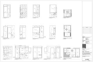 A-203
12
13
14
15
SHELF
SHELF
FF-4
FF-4
PL-7
PL-11
A-20310
7
8
9
FF-1
FF-3
A-203
4
3
2
5
FF-2
FF-2
FF-2
FF-6
CT-3
PL-5
PL-10
MR-1
P-1
MEDICINE
CABINET
WF-3
WF-3
WF-3
CT-3
MR-1
WF-1
A-505
6
P-1
WF-3
WF-3
GFI
CT-3
L-R4
L-WM2 L-WM2
PL-10
PL-6
SLIDE
WF-1
A-505
6
P-1
3
L-R4
WF-3
7
G2
WF-1
FF-1
PL-6
CF-1
WF-3
SLIDE
MIRROR
A-505
6
P-2
5
FF-4 FF-4
P-2
MR-1
8 G3
FF-4
TRANSOM WINDOW
7' - 8"
MR-1
WF-3
MR-1
A-505
6
WF-4
WF-4
SS-1
CT-2
CT-2
G3
P-2 P-2
FF-4
L-WM4
MR-1 MR-1
MR-1
SS-1
CW-3
CW-3
CW-3
WF-4
WF-3
WF-4
MR-1
L-WM4
WC-1
WF-2
WF-2
CT-3
L-WM1
MR-1
WC-1
WF-2 MR-1
CT-3
L-WM1 L-WM1
P-1
WF-4
PL-10
PL-5CW-3
WF-4
WF-4
WF-4
WF-4WF-4WF-4
CT-3
L-WM1
MR-1
SLIDE
WF-2
G1
WC-1
WF-4
1
Scale:
Consultant
Contact
Address
Phone
e-mail
ARCHITCTS PLLC
648 Broadway / Suite 402, New York, NY 10012
T.212.254.5210
F.212.254.4523
www.wilkinsonarchitects.com
New York: Registered Architect 027917-1
Pennsylvania: Registered Architect 402561
National Council of Architectural Registration Board #52853
DOB Barcode
ATOZ Consulting Engineers, PC
Ilya Malyuchenko, P.E.
363 7th Avenue
3rd Floor
New York, NY 10001
212.929.2491
Ilya@atozengineers.com
Consultant
Contact
Address
Phone
e-mail
NYC Building Restoration
Robert M. Hanna, P.E.
9011 Northern Boulevard
Suite 307
Jackson Heights, NY 11372
646-522-0589
rhanna@engineer.com
MECHANICAL
STRUCTURAL
1/2" = 1'-0"
A-203
BATHROOM ENLARGED PLANS &
ELEVATIONS
ELAM RESIDENCE
300 EAST 74TH STREET PENTHOUSE-F/36TH FLOOR
NEW YORK, NY 10021
04/03/2015
1/2" = 1'-0"
11
Penthouse F - Upper Level Master Bath
Enlarged Plan
1/2" = 1'-0"
6
Penthouse F - 36th Floor - Main Level Bath
Enlarged Plan
1/2" = 1'-0"
1
Penthouse F - 36th Floor - Main Level
Powder Room Enlarged Plan
1/2" = 1'-0"
7
Bathroom Elevation - North
1/2" = 1'-0"
8
Bathroom Elevation - East
1/2" = 1'-0"
10
Bathroom Elevation - West
1/2" = 1'-0"
9
Bathroom Elevation - South
1/2" = 1'-0"
12
Master Bath Elevation - North
1/2" = 1'-0"
13
Master Bath Elevation - East
1/2" = 1'-0"
14
Master Bath Elevation - South
1/2" = 1'-0"
15
Master Bath Elevation - West
1/2" = 1'-0"
2
Powder Elevation - North
1/2" = 1'-0"
3
Powder Elevation - East
1/2" = 1'-0"
4
Powder Elevation - South
1/2" = 1'-0"
5
Powder Elevation - West
No. Description Date
PL-6
PL-10
 