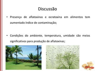 Discussão
• Presença de aflatoxinas e ocratoxina em alimentos tem

aumentado índice de contaminação;

• Condições do ambiente, temperatura, umidade são meios
significativos para produção de aflatoxinas;

 