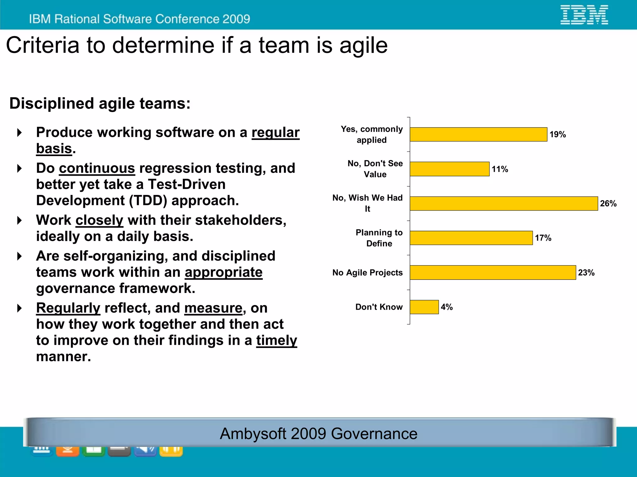 Criteria to determine if a team is agile

Disciplined agile teams:
                                                Yes, commonly
   Produce working software on a regular            applied
                                                                               19%
   basis.
                                                 No, Don't See
   Do continuous regression testing, and             Value
                                                                       11%

   better yet take a Test-Driven
                                              No, Wish We Had
   Development (TDD) approach.                       It
                                                                                           26%

   Work closely with their stakeholders,
                                                   Planning to
   ideally on a daily basis.                          Define
                                                                             17%

   Are self-organizing, and disciplined
   teams work within an appropriate           No Agile Projects                      23%

   governance framework.
   Regularly reflect, and measure, on              Don't Know     4%

   how they work together and then act
   to improve on their findings in a timely
   manner.




                              Ambysoft 2009 Governance
 