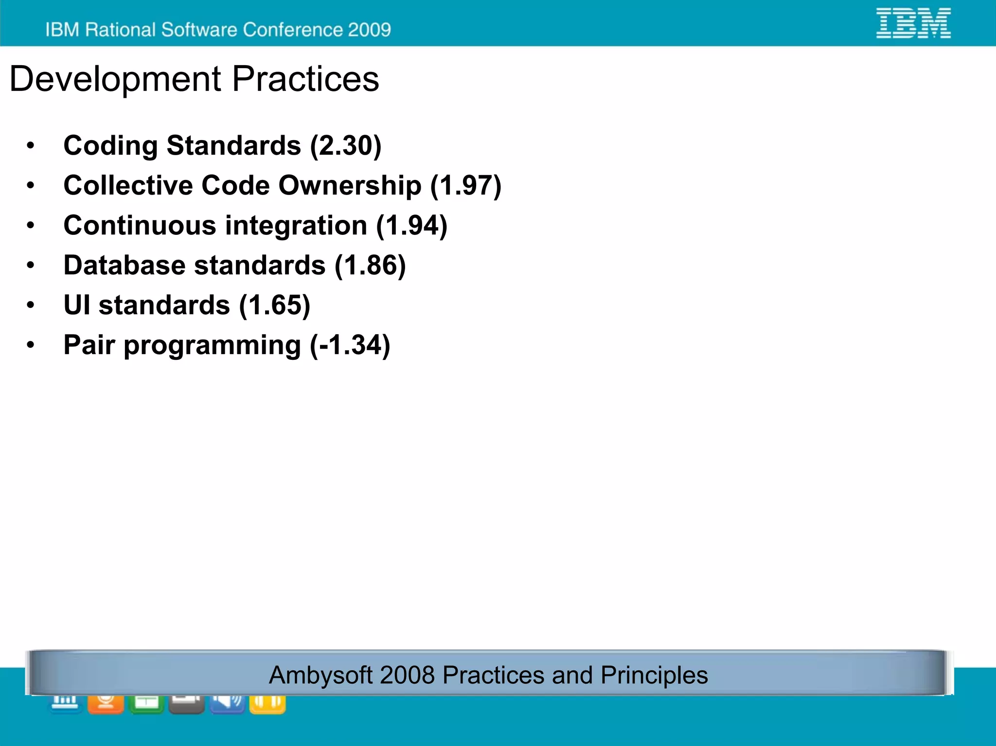 Development Practices
•   Coding Standards (2.30)
•   Collective Code Ownership (1.97)
•   Continuous integration (1.94)
•   Database standards (1.86)
•   UI standards (1.65)
•   Pair programming (-1.34)




                   Ambysoft 2008 Practices and Principles
 