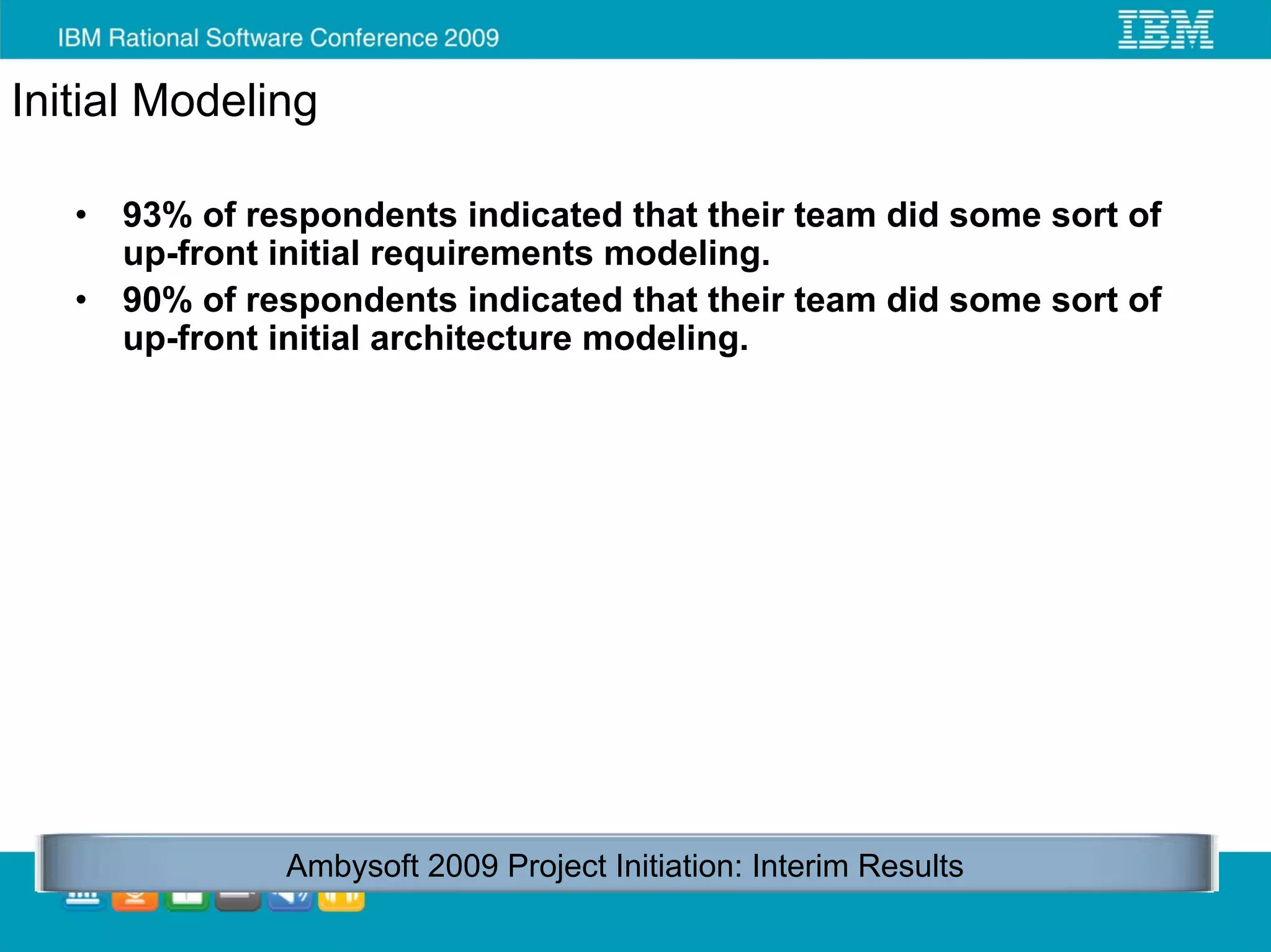Initial Modeling

   •   93% of respondents indicated that their team did some sort of
       up-front initial requirements modeling.
   •   90% of respondents indicated that their team did some sort of
       up-front initial architecture modeling.




                Ambysoft 2009 Project Initiation: Interim Results
 