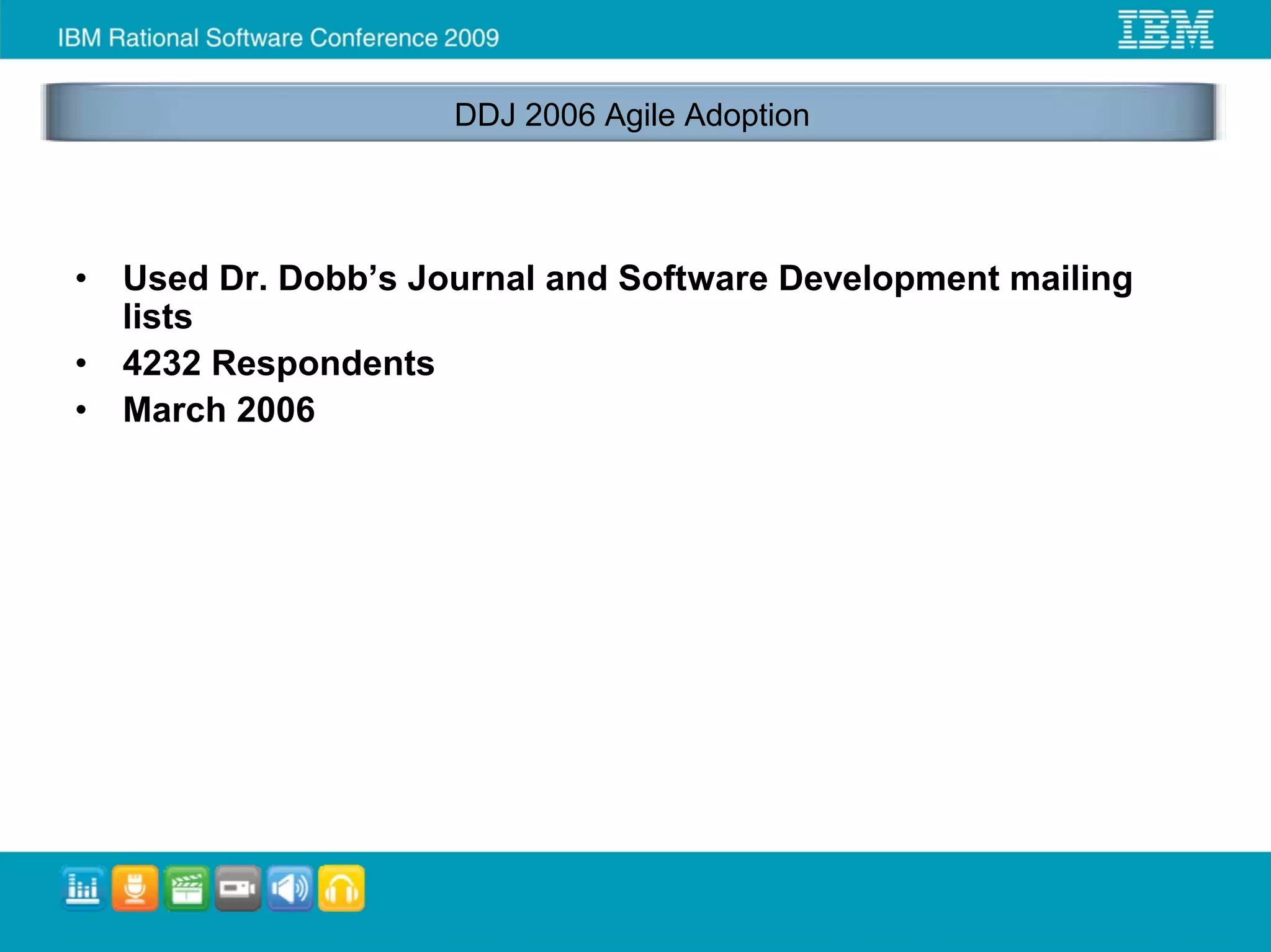 DDJ 2006 Agile Adoption




•   Used Dr. Dobb’s Journal and Software Development mailing
    lists
•   4232 Respondents
•   March 2006
 
