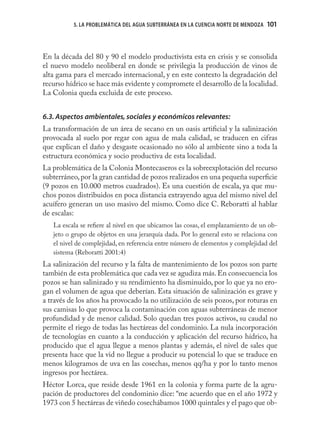 5. LA PROBLEMÁTICA DEL AGUA SUBTERRÁNEA EN LA CUENCIA NORTE DE MENDOZA   101
                                                                                   101



En la década del 80 y 90 el modelo productivista esta en crisis y se consolida
el nuevo modelo neoliberal en donde se privilegia la producción de vinos de
alta gama para el mercado internacional, y en este contexto la degradación del
recurso hídrico se hace más evidente y compromete el desarrollo de la localidad.
La Colonia queda excluida de este proceso.


6.3. Aspectos ambientales, sociales y económicos relevantes:
La transformación de un área de secano en un oasis artiﬁcial y la salinización
provocada al suelo por regar con agua de mala calidad, se traducen en cifras
que explican el daño y desgaste ocasionado no sólo al ambiente sino a toda la
estructura económica y socio productiva de esta localidad.
La problemática de la Colonia Montecaseros es la sobreexplotación del recurso
subterráneo, por la gran cantidad de pozos realizados en una pequeña superﬁcie
(9 pozos en 10.000 metros cuadrados). Es una cuestión de escala, ya que mu-
chos pozos distribuidos en poca distancia extrayendo agua del mismo nivel del
acuífero generan un uso masivo del mismo. Como dice C. Reboratti al hablar
de escalas:
   La escala se reﬁere al nivel en que ubicamos las cosas, el emplazamiento de un ob-
   jeto o grupo de objetos en una jerarquía dada. Por lo general esto se relaciona con
   el nivel de complejidad, en referencia entre número de elementos y complejidad del
   sistema (Reboratti 2001:4)
La salinización del recurso y la falta de mantenimiento de los pozos son parte
también de esta problemática que cada vez se agudiza más. En consecuencia los
pozos se han salinizado y su rendimiento ha disminuido, por lo que ya no ero-
gan el volumen de agua que deberían. Esta situación de salinización es grave y
a través de los años ha provocado la no utilización de seis pozos, por roturas en
sus camisas lo que provoca la contaminación con aguas subterráneas de menor
profundidad y de menor calidad. Solo quedan tres pozos activos, su caudal no
permite el riego de todas las hectáreas del condominio. La nula incorporación
de tecnologías en cuanto a la conducción y aplicación del recurso hídrico, ha
producido que el agua llegue a menos plantas y además, el nivel de sales que
presenta hace que la vid no llegue a producir su potencial lo que se traduce en
menos kilogramos de uva en las cosechas, menos qq/ha y por lo tanto menos
ingresos por hectárea.
Héctor Lorca, que reside desde 1961 en la colonia y forma parte de la agru-
pación de productores del condominio dice: “me acuerdo que en el año 1972 y
1973 con 5 hectáreas de viñedo cosechábamos 1000 quintales y el pago que ob-
 