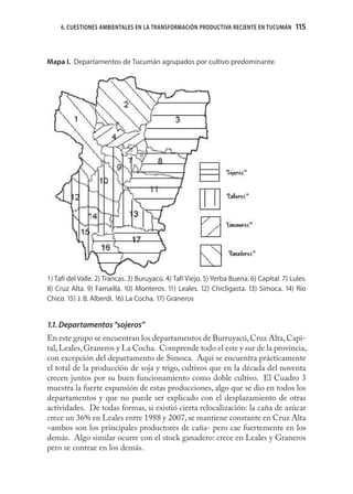 6. CUESTIONES AMBIENTALES EN LA TRANSFORMACIÓN PRODUCTIVA RECIENTE EN TUCUMÁN         115
                                                                                           115


Mapa I. Departamentos de Tucumán agrupados por cultivo predominante.




Cuadro 7. Superﬁcie deforestada en el período 1998-2002
                               Superﬁcie
  Departamento
                            deforestada (ha)
 Burruyacú                            10.116
 Trancas                               3.464
 Leales                                3.297
 Graneros                              1.977
 La Cocha                              1.309
 Cruz Alta                             1.139
 Simoca                                  514
 Tafí Viejo                              146
 Monteros                                 76
 Juan B. Alberdi                          65
 Chicligasta                              51
 Río Chico                                17
Fuente: Dirección de Bosques (2004), página 19


Mapa I. Departamentos de Tucumán agrupados por cultivo predominante.




1) Tafí del Valle. 2) Trancas. 3) Buruyacú. 4) Tafí Viejo. 5) Yerba Buena. 6) Capital. 7) Lules.
8) Cruz Alta. 9) Famaillá. 10) Monteros. 11) Leales. 12) Chicligasta. 13) Simoca. 14) Río
Chico. 15) J. B. Alberdi. 16) La Cocha. 17) Graneros


1.1. Departamentos “sojeros”
En este grupo se encuentran los departamentos de Burruyacú, Cruz Alta, Capi-
tal, Leales, Graneros y La Cocha. Comprende todo el este y sur de la provincia,
con excepción del departamento de Simoca. Aquí se encuentra prácticamente
el total de la producción de soja y trigo, cultivos que en la década del noventa
crecen juntos por su buen funcionamiento como doble cultivo. El Cuadro 3
muestra la fuerte expansión de estas producciones, algo que se dio en todos los
departamentos y que no puede ser explicado con el desplazamiento de otras
actividades. De todas formas, si existió cierta relocalización: la caña de azúcar
crece un 36% en Leales entre 1988 y 2007, se mantiene constante en Cruz Alta
–ambos son los principales productores de caña- pero cae fuertemente en los
demás. Algo similar ocurre con el stock ganadero: crece en Leales y Graneros
pero se contrae en los demás.
 