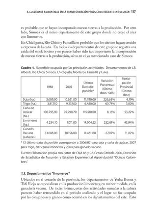 6. CUESTIONES AMBIENTALES EN LA TRANSFORMACIÓN PRODUCTIVA RECIENTE EN TUCUMÁN   117
                                                                                    117



es probable que se hayan incorporado nuevas tierras a la producción. Por otro
lado, Simoca es el único departamento de este grupo donde no crece el área
con limoneros.
En Chicligasta, Río Chico y Famaillá es probable que los cítricos hayan crecido
a expensas de la caña. En todos los departamentos de este grupo se registra una
caída del stock bovino y no parece haber sido tan importante la incorporación
de nuevas tierras a la producción, salvo en el ya mencionado caso de Simoca


Cuadro 4. Superﬁcie ocupada por las principales actividades. Departamentos de J.B.
Alberdi, Río Chico, Simoca, Chicligasta, Monteros, Famaillá y Lules
                                                                          Partici-
                                                            Variación
                                              Último                      pación
                                                           Porcentual
                  1988           2002        Dato dis-                   Provincial
                                                             (Último
                                             ponible*                     (Último
                                                           dato/1988)
                                                                           dato)
 Soja (ha.)       3.609,00      10.621,00     11.790,00      226,68%          4,19%
 Trigo (ha.)       3.817,50      9.237,00      6.480,00       69,74%          3,00%
 Caña de
 Azúcar         106.795,90     95.990,70      115.510,00        8,16%        53,22%
 (ha.)
 Limoneros
                  4.234,10       7.011,00     14.904,52      252,01%         43,94%
 (ha.)
 Ganado
 Vacuno          33.688,00      10.156,00     14.461,00       -57,07%        11,82%
 (cabezas)
* El último dato disponible corresponde a 2006/07 para soja y caña de azúcar, 2007
para trigo, 2005 para limoneros y 2004 para ganado vacuno.
Fuente: Elaboración propia con datos de CNA 88 y 02, Censo Citrícola 2006, Dirección
de Estadística de Tucumán y Estación Experimental Agroindustrial “Obispo Colom-
bres”
    .


1.3. Departamentos “limoneros”
Ubicados en el corazón de la provincia, los departamentos de Yerba Buena y
Tafí Viejo se especializan en la producción limonera y, en menor medida, en la
ganadería vacuna. De todas formas, estas dos actividades sumadas a la cañera
parecen haber retrocedido en el período analizado y el lugar no fue ocupado
por las oleaginosas y granos como ocurrió en los departamentos del este. Esto
 