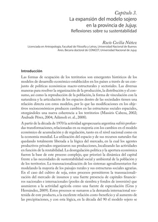 Capítulo 3.
                                                                    51
                                      La expansión del modelo sojero
                                             en la provincia de Jujuy.
                                       Reﬂexiones sobre su sustentabilidad

                                                                 Rocío Cecilia Núñez
    Licenciada en Antropología, Facultad de Filosofía y Letras, Universidad Nacional de Buenos
                           Aires. Becaria doctoral de CONICET, Universidad Nacional de Jujuy




Introducción
Las formas de ocupación de los territorios son emergentes históricos de los
modelos de desarrollo económico establecidos en los países a través de un con-
junto de políticas económicas macro-estructurales y sectoriales. Las diversas
maneras para resolver la organización de la producción, la distribución y el con-
sumo, así como la reproducción de la población, la forma de vinculación con la
naturaleza y la articulación de los espacios dentro de las sociedades tienen una
relación directa con estos modelos, por lo que las modiﬁcaciones en los obje-
tivos socioeconómicos producen cambios en las estructuras sociales espaciales,
otorgándoles una nueva coherencia a los territorios (Massiris Cabeza, 2002;
Andrade Pérez, 2004; Adámoli et. al., 2008).
A partir de la década de 1970 la actividad agropecuaria argentina sufrió profun-
das transformaciones, relacionadas en su mayoría con los cambios en el modelo
económico de acumulación y de regulación, tanto en el nivel nacional como en
la economía mundial. La utilización del espacio y de sus recursos naturales fue
quedando totalmente liberada a la lógica del mercado, en la cual los agentes
productivos privados organizaron sus producciones, localizando las actividades
en función de la rentabilidad. La desregulación política y la apertura económica
fueron la base de este proceso complejo, que priorizó la dinámica del capital
frente a las necesidades de sustentabilidad social y ambiental de la población y
de los territorios. La transnacionalización de los sistemas agroalimentarios fue
modelando la mayoría de los paisajes rurales y sus estructuras sociales agrarias.
En el caso del cultivo de soja, estos procesos permitieron la transnacionali-
zación del mercado de insumos y una fuerte presencia de capitales ﬁnancie-
ros nacionales e internacionales (pooles de siembra y fondos de inversión) que
asumieron a la actividad agrícola como una fuente de especulación (Gras y
Hernández, 2009). Estos procesos se sumaron a la demanda internacional sos-
tenida de este producto, a la excelente relación costo-beneﬁcio y al aumento de
las precipitaciones, y con esta lógica, en la década del 90 el modelo sojero se
 