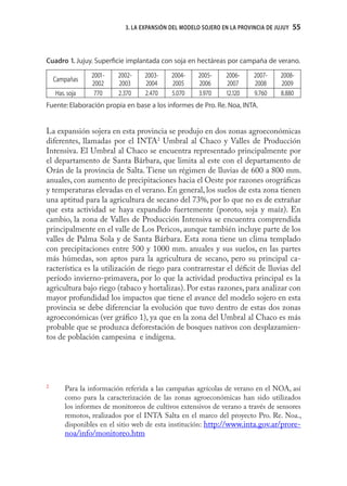 3. LA EXPANSIÓN DEL MODELO SOJERO EN LA PROVINCIA DE JUJUY   55


Cuadro 1. Jujuy. Superﬁcie implantada con soja en hectáreas por campaña de verano.
                 2001-    2002-    2003-    2004-    2005-     2006-     2007-     2008-
    Campañas
                 2002     2003     2004     2005     2006      2007      2008      2009
    Has. soja     770     2.370    2.470    5.070    3.970     12.120    9.760     8.880
Fuente: Elaboración propia en base a los informes de Pro. Re. Noa, INTA.


La expansión sojera en esta provincia se produjo en dos zonas agroeconómicas
diferentes, llamadas por el INTA2 Umbral al Chaco y Valles de Producción
Intensiva. El Umbral al Chaco se encuentra representado principalmente por
el departamento de Santa Bárbara, que limita al este con el departamento de
Orán de la provincia de Salta. Tiene un régimen de lluvias de 600 a 800 mm.
anuales, con aumento de precipitaciones hacia el Oeste por razones orográﬁcas
y temperaturas elevadas en el verano. En general, los suelos de esta zona tienen
una aptitud para la agricultura de secano del 73%, por lo que no es de extrañar
que esta actividad se haya expandido fuertemente (poroto, soja y maíz). En
cambio, la zona de Valles de Producción Intensiva se encuentra comprendida
principalmente en el valle de Los Pericos, aunque también incluye parte de los
valles de Palma Sola y de Santa Bárbara. Esta zona tiene un clima templado
con precipitaciones entre 500 y 1000 mm. anuales y sus suelos, en las partes
más húmedas, son aptos para la agricultura de secano, pero su principal ca-
racterística es la utilización de riego para contrarrestar el déﬁcit de lluvias del
período invierno-primavera, por lo que la actividad productiva principal es la
agricultura bajo riego (tabaco y hortalizas). Por estas razones, para analizar con
mayor profundidad los impactos que tiene el avance del modelo sojero en esta
provincia se debe diferenciar la evolución que tuvo dentro de estas dos zonas
agroeconómicas (ver gráﬁco 1), ya que en la zona del Umbral al Chaco es más
probable que se produzca deforestación de bosques nativos con desplazamien-
tos de población campesina e indígena.




2
        Para la información referida a las campañas agrícolas de verano en el NOA, así
        como para la caracterización de las zonas agroeconómicas han sido utilizados
        los informes de monitoreos de cultivos extensivos de verano a través de sensores
        remotos, realizados por el INTA Salta en el marco del proyecto Pro. Re. Noa.,
        disponibles en el sitio web de esta institución: http://www.inta.gov.ar/prore-
        noa/info/monitoreo.htm
 