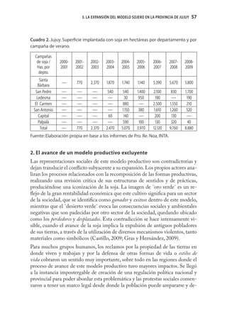 3. LA EXPANSIÓN DEL MODELO SOJERO EN LA PROVINCIA DE JUJUY   57
                                                                                        57


Cuadro 2. Jujuy. Superﬁcie implantada con soja en hectáreas por departamento y por
campaña de verano.

  Campañas
   de soja /   2000-   2001-   2002-   2003-    2004-   2005-    2006-     2007-   2008-
   Has. por    2001    2002    2003    2004     2005    2006     2007      2008    2009
    depto.
     Santa
                ----    770    2.370    1.870   1.740    1.140   5.390     5.670   5.800
    Bárbara
  San Pedro     ----    ----    ----     540     540    1.400    2.100      830    1.700
   Ledesma      ----    ----    ----     ----     30     950       190      ----    190
  El Carmen     ----    ----    ----     ----    880     ----    2.500     1.550    210
 San Antonio    ----    ----    ----     ----   1.150    380      1.610    1.260    520
    Capital     ----    ----    ----     60      140     ----      200      130     ----
    Palpalá     ----    ----    ----     ----    590     100       130      320      40
     Total      ----    770    2.370    2.470   5.070   3.970    12.120    9.760   8.880
Fuente: Elaboración propia en base a los informes de Pro. Re. Noa, INTA.


2. El avance de un modelo productivo excluyente
Las representaciones sociales de este modelo productivo son contradictorias y
dejan translucir el conﬂicto subyacente a su expansión. Los propios actores ana-
lizan los procesos relacionados con la recomposición de las formas productivas,
realizando una revisión crítica de sus estructuras de sentidos y de prácticas,
produciéndose una iconización de la soja. La imagen de ¨oro verde¨ es un re-
ﬂejo de la gran rentabilidad económica que este cultivo signiﬁca para un sector
de la sociedad, que se identiﬁca como ganador y exitoso dentro de este modelo,
mientras que el ¨desierto verde¨ evoca las consecuencias sociales y ambientales
negativas que son padecidas por otro sector de la sociedad, quedando ubicado
como los perdedores y desplazados. Esta contradicción se hace intensamente vi-
sible, cuando el avance de la soja implica la expulsión de antiguos pobladores
de sus tierras, a través de la utilización de diversos mecanismos violentos, tanto
materiales como simbólicos (Castillo, 2009; Gras y Hernández, 2009).
Para muchos grupos humanos, los reclamos por la propiedad de las tierras en
donde viven y trabajan y por la defensa de otras formas de vida o estilos de
vida cobraron un sentido muy importante, sobre todo en las regiones donde el
proceso de avance de este modelo productivo tuvo mayores impactos. Se llegó
a la instancia impostergable de creación de una regulación política nacional y
provincial para poder abordar esta problemática y las protestas sociales comen-
zaron a tener un marco legal desde donde la población puede ampararse y de-
 