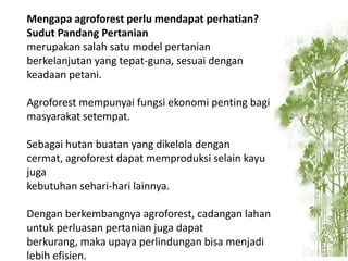 Mengapa agroforest perlu mendapat perhatian?
Sudut Pandang Pertanian
merupakan salah satu model pertanian
berkelanjutan yang tepat-guna, sesuai dengan
keadaan petani.
Agroforest mempunyai fungsi ekonomi penting bagi
masyarakat setempat.
Sebagai hutan buatan yang dikelola dengan
cermat, agroforest dapat memproduksi selain kayu
juga
kebutuhan sehari-hari lainnya.
Dengan berkembangnya agroforest, cadangan lahan
untuk perluasan pertanian juga dapat
berkurang, maka upaya perlindungan bisa menjadi
lebih efisien.

 