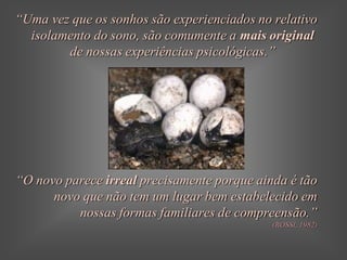 “Uma vez que os sonhos são experienciados no relativo
  isolamento do sono, são comumente a mais original
        de nossas experiências psicológicas.”




“O novo parece irreal precisamente porque ainda é tão
      novo que não tem um lugar bem estabelecido em
          nossas formas familiares de compreensão.”
                                             (ROSSI, 1982)
 