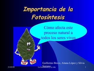 Importancia de la Fotosíntesis Cómo afecta este proceso natural a todos los seres vivos Guillermo Bravo, Aitana López y Silvia Serrano 