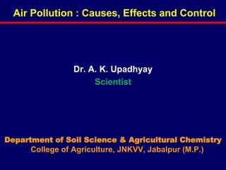 Air Pollution : Causes, Effects and Control
Dr. A. K. Upadhyay
Scientist
Department of Soil Science & Agricultural Chemistry
College of Agriculture, JNKVV, Jabalpur (M.P.)
 