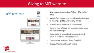 • New design launched on Pi Day – March 14,
2016
• Mobile first design process—lowering barriers
to making a gift to MIT on any device
• Simplification and ease of transaction
• Content that offers a personalized experience
per user with login
• Capacity for a second ask for unrestricted
funds in the transaction sequence
• E-commerce analytics (from Google)
• Robust, Predictive Search Engine
giving.mit.edu
 