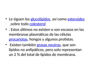• Le siguen los glucolípidos, así como esteroides
,sobre todo colesterol
• . Estos últimos no existen o son escasos en las
membranas plasmáticas de las células
procariotas, hongos y algunos protistas.
• Existen también grasas neutras, que son
lípidos no anfipáticos, pero solo representan
un 2 % del total de lípidos de membrana.
 