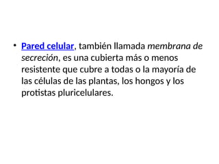 • Pared celular, también llamada membrana de
secreción, es una cubierta más o menos
resistente que cubre a todas o la mayoría de
las células de las plantas, los hongos y los
protistas pluricelulares.
 