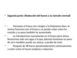 • Segunda parte: (Reducción del huevo a su tamaño normal)
• - Vaciamos el frasco con vinagre y lo limpiamos bien, lo
mismo hacemos con el huevo y se puede notar como ha
crecido y su peso también ha aumentado.
• - Lo introducimos nuevamente en el frasco pero ahora
llenaremos este con agua a la que además tiraremos un poco
de sal o también puede ser azúcar, o jarabe de maíz.
• - Después de 48 horas aproximadamente comenzaremos
a notar como el huevo empieza a reducirse.
 