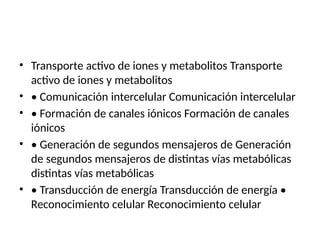 • Transporte activo de iones y metabolitos Transporte
activo de iones y metabolitos
• • Comunicación intercelular Comunicación intercelular
• • Formación de canales iónicos Formación de canales
iónicos
• • Generación de segundos mensajeros de Generación
de segundos mensajeros de distintas vías metabólicas
distintas vías metabólicas
• • Transducción de energía Transducción de energía •
Reconocimiento celular Reconocimiento celular
 