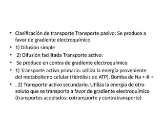 • Clasificación de transporte Transporte pasivo: Se produce a
favor de gradiente electroquímico
• 1) Difusión simple
• 2) Difusión facilitada Transporte activo:
• Se produce en contra de gradiente electroquímico
• 1) Transporte activo primario: utiliza la energía proveniente
del metabolismo celular (Hdrólisis de ATP). Bomba de Na +-K +
• . 2) Transporte activo secundario. Utiliza la energía de otro
soluto que se transporta a favor de gradiente electroquímico
(transportes acoplados: cotransporte y contratransporte)
 
