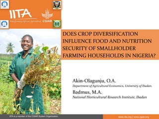 IITA is a member of the CGIAR System Organization. www.iita.org | www.cgiar.org
DOES CROP DIVERSIFICATION
INFLUENCE FOOD AND NUTRITION
SECURITY OF SMALLHOLDER
FARMING HOUSEHOLDS IN NIGERIA?
Akin-Olagunju, O.A.
Department of Agricultural Economics, University of Ibadan.
Badmus, M.A.
National Horticultural Research Institute, Ibadan
 