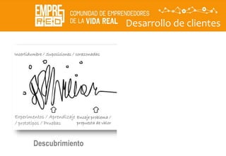 Desarrollo de clientes
Descubrimiento
Incertidumbre / Suposiciones / corazonadas
Experimentos / Aprendizaje
/ prototipos / Pruebas
Encaje problema /
propuesta de valor
 