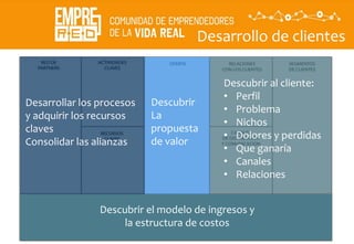 Desarrollo de clientes
QUE?
Descubrir
La
propuesta
de valor
Descubrir al cliente:
• Perfil
• Problema
• Nichos
• Dolores y perdidas
• Que ganaría
• Canales
• Relaciones
Desarrollar los procesos
y adquirir los recursos
claves
Consolidar las alianzas
Descubrir el modelo de ingresos y
la estructura de costos
 