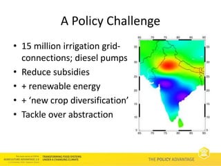 SPARC: An example from India
• ‘Solar Power as a Remunerative
Crop’ (IWMI-Tata)
• Consumers and producers
• Doubling incom...
