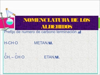 Prefijo de numero de carbono terminación al
H-CH·O METANAL
2 1
CH3 – CH·O ETANAL
Prefijo de numero de carbono terminación al
H-CH·O METANAL
2 1
CH3 – CH·O ETANAL
NOMENCLATURA DE LOS
ALDEHIDOS
 