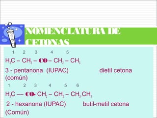 1 2 3 4 5
H3C – CH2 – CO – CH2 – CH3
3 - pentanona (IUPAC) dietil cetona
(común)
1 2 3 4 5 6
H3C –– CO- CH2 – CH2 – CH2- CH3
2 - hexanona (IUPAC) butil-metil cetona
(Común)
NOMENCLATURA DE
CETONAS
 