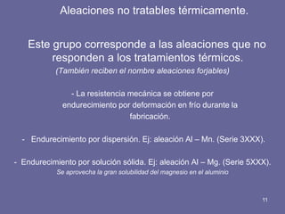 Aleaciones no tratables térmicamente. 
Este grupo corresponde a las aleaciones que no responden a los tratamientos térmicos. 
(También reciben el nombre aleaciones forjables) 
- La resistencia mecánica se obtiene por 
endurecimiento por deformación en frío durante la 
fabricación. 
- Endurecimiento por dispersión. Ej: aleación Al – Mn. (Serie 3XXX). 
- Endurecimiento por solución sólida. Ej: aleación Al – Mg. (Serie 5XXX). 
Se aprovecha la gran solubilidad del magnesio en el aluminio 
11  