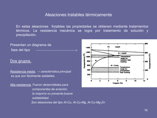 Aleaciones tratables térmicamente 
En estas aleaciones forjables las propiedades se obtienen mediante tratamientos térmicos. La resistencia mecánica se logra por tratamiento de solución y precipitación. 
Presentan un diagrama de 
fase del tipo 
Dos grupos. 
Resistencia media. → característica principal 
es que son fácilmente saldables. 
Alta resistencia. Fueron desarrolladas para 
componentes de aviación; 
la mayoría no presenta buena 
soldabilidad. 
Son aleaciones del tipo Al-Cu, Al-Cu-Mg, Al-Cu-Mg-Zn 
16  