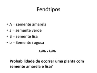 Fenótipos
• A = semente amarela
• a = semente verde
• B = semente lisa
• b = Semente rugosa
AaBb x AaBb
Probabilidade de ocorrer uma planta com
semente amarela e lisa?
 