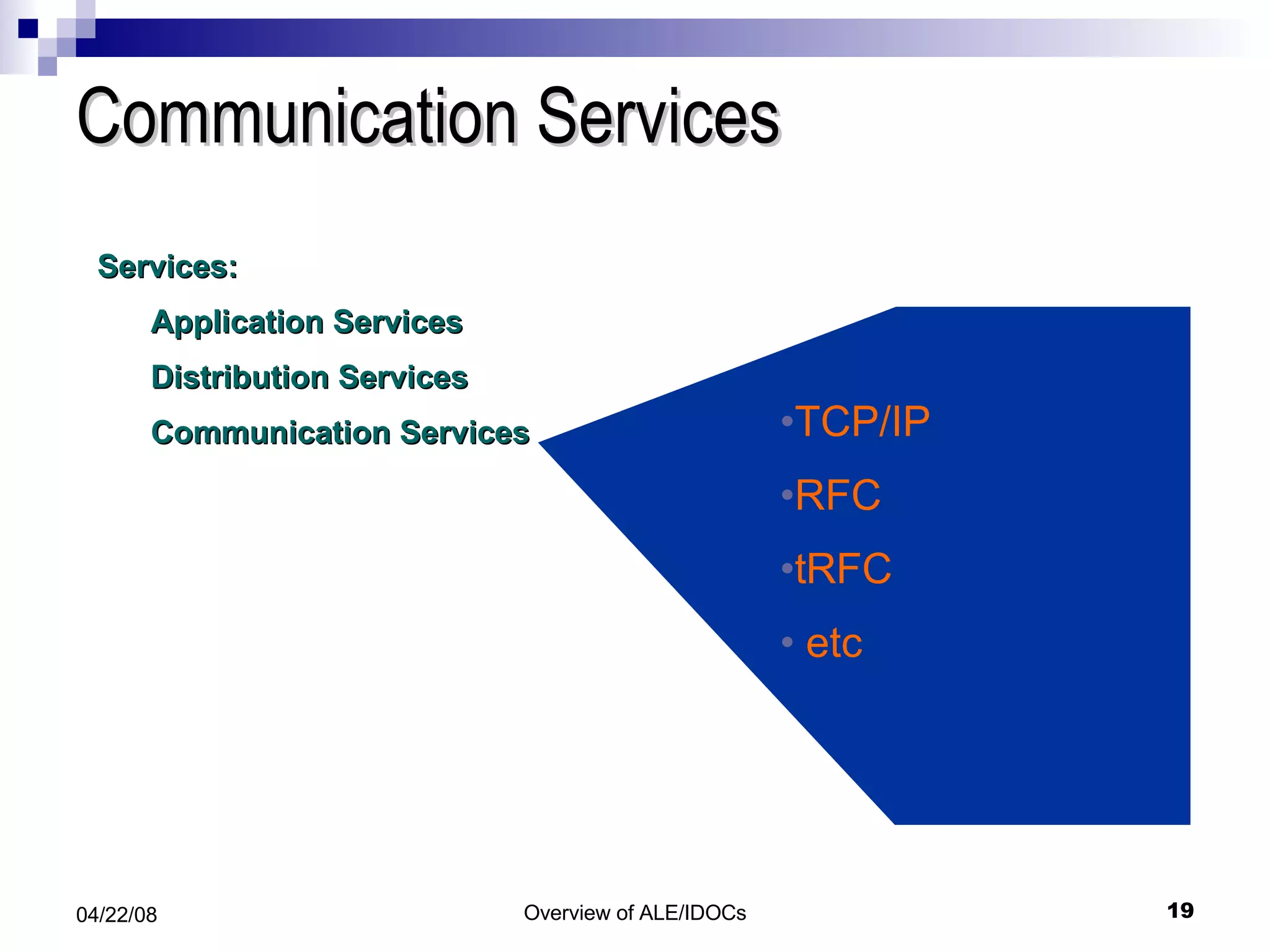 Communication Services Services: Application Services Distribution Services Communication Services TCP/IP RFC tRFC etc 