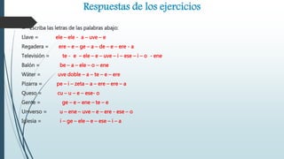 Respuestas de los ejercicios
 Escriba las letras de las palabras abajo:
Llave = ele – ele - a – uve – e
Regadera = ere – e – ge – a – de – e – ere - a
Televisión = te - e – ele – e – uve – i – ese – i – o - ene
Balón = be – a – ele – o – ene
Wáter = uve doble – a – te – e – ere
Pizarra = pe – i – zeta – a – ere – ere – a
Queso = cu – u – e – ese- o
Gente = ge – e – ene – te – e
Universo = u – ene – uve – e – ere - ese – o
Iglesia = i – ge – ele – e – ese – i – a
 