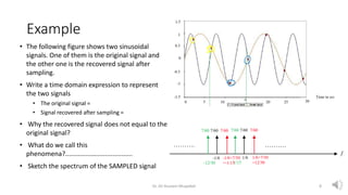Example
• The following figure shows two sinusoidal
signals. One of them is the original signal and
the other one is the recovered signal after
sampling.
• Write a time domain expression to represent
the two signals
• The original signal =
• Signal recovered after sampling =
• Why the recovered signal does not equal to the
original signal?
• What do we call this
phenomena?.....................................
• Sketch the spectrum of the SAMPLED signal
Dr. Ali Hussein Muqaibel 8
 