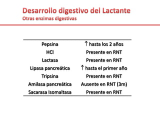 Pepsina hasta los 2 años
HCl Presente en RNT
Lactasa Presente en RNT
Lipasa pancreática hasta el primer año
Tripsina Presente en RNT
Amilasa pancreática Ausente en RNT (3m)
Sacarasa Isomaltasa Presente en RNT
 