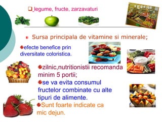  legume, fructe, zarzavaturi
Sursa principala de vitamine si minerale;
efecte benefice prin
diversitate coloristica.
zilnic,nutritionistii recomanda
minim 5 portii;
se va evita consumul
fructelor combinate cu alte
tipuri de alimente.
Sunt foarte indicate ca
mic dejun.
 
