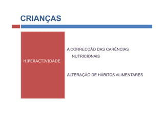 CRIANÇAS


                  A CORRECÇÃO DAS CARÊNCIAS
                    NUTRICIONAIS
HIPERACTIVIDADE


                  ALTERAÇÃO DE HÁBITOS ALIMENTARES
 