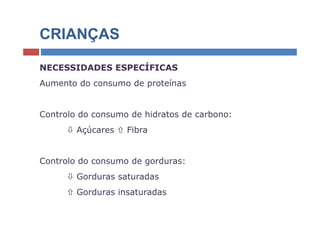 CRIANÇAS

NECESSIDADES ESPECÍFICAS
Aumento do consumo de proteínas


Controlo do consumo de hidratos de carbono:
        Açúcares   Fibra


Controlo do consumo de gorduras:
        Gorduras saturadas
        Gorduras insaturadas
 