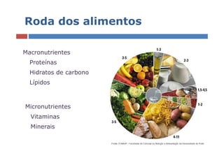 Roda dos alimentos

Macronutrientes
  Proteínas
  Hidratos de carbono
  Lípidos



Micronutrientes
  Vitaminas
  Minerais
 
