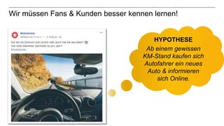 28
Wir müssen Fans & Kunden besser kennen lernen!
HYPOTHESE
Ab einem gewissen
KM-Stand kaufen sich
Autofahrer ein neues
Auto & informieren
sich Online.
 